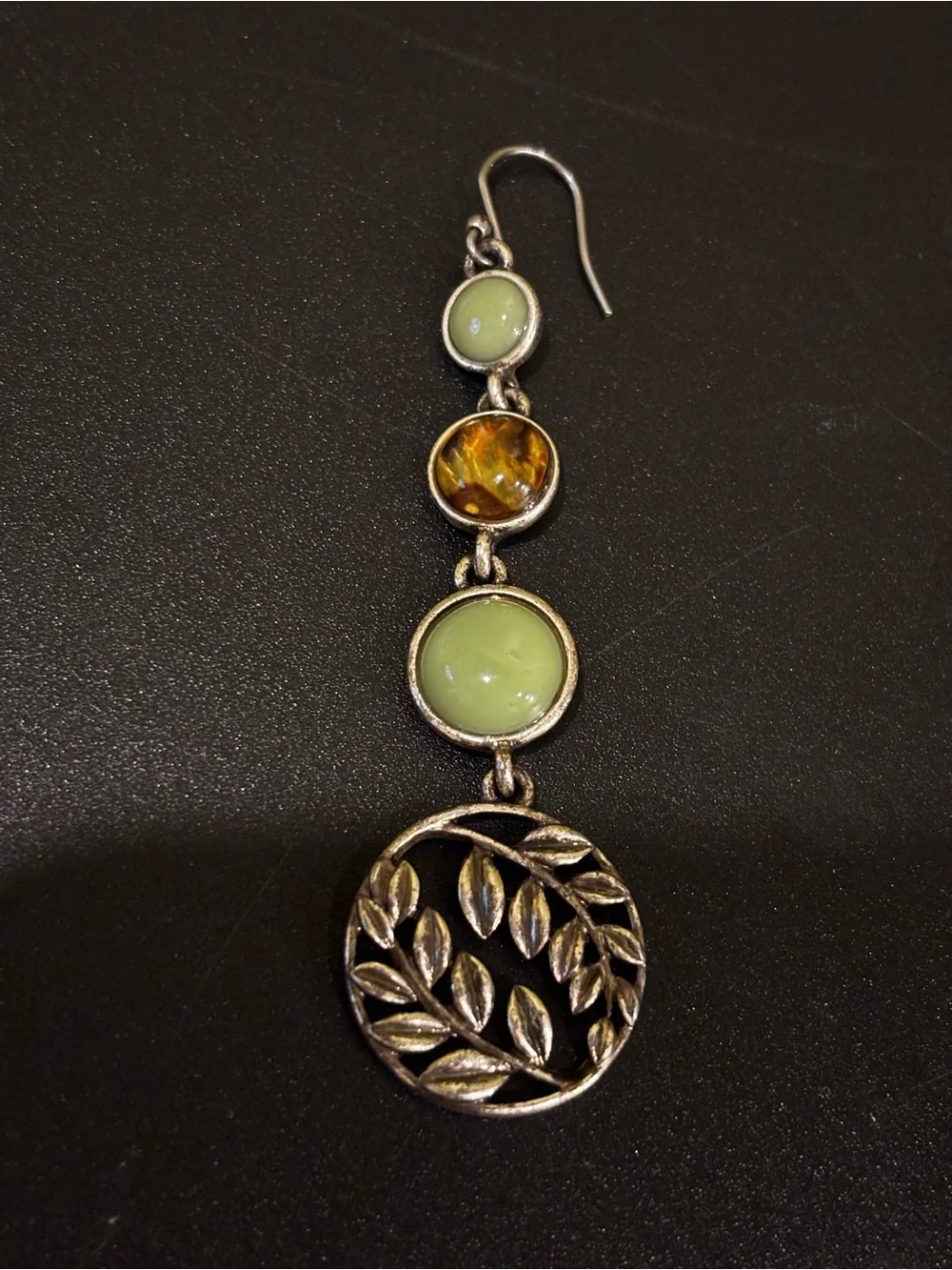 Green and Amber Drop Earrings with Leaf Medallion